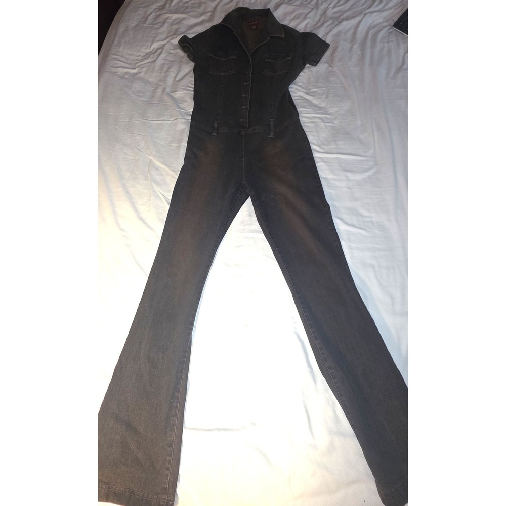 Vtg Bebe Y2K Denim Jumpsuit M Flare Leg Stretch Catsuit McBling Baddie Moto - Picture 2 of 12